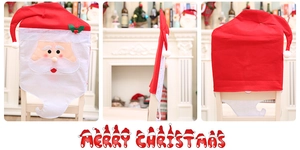 Three-view display of Santa Claus non-woven chair covers for festive dining table decoration