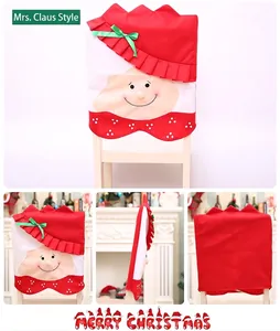 Detailed views of Mrs. Claus chair cover with green satin bow for Christmas table decor