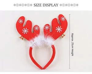 Detail view of red reindeer antler headband with bells and fur showing 25cm height