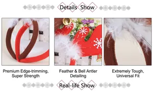 Detail of Christmas reindeer antler headband with white feathers, snowflakes, and golden bells