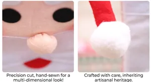 Close-up of non-woven Christmas chair covers featuring Santa Claus face and handmade sewing