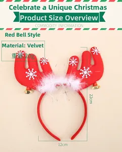 Close-up of red Christmas reindeer antlers headband with white fluff and golden bells