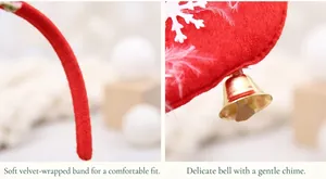 Detail of red velvet headband with white snowflakes and gold jingling metal bells