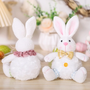Plush Easter bunnies with plaid bow and pink collar for festive home decoration