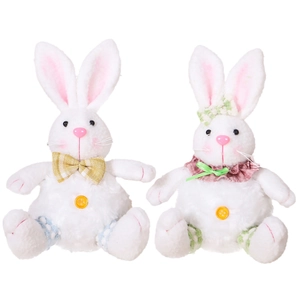 Set of two cute white plush Easter bunny dolls with colorful bows and button details