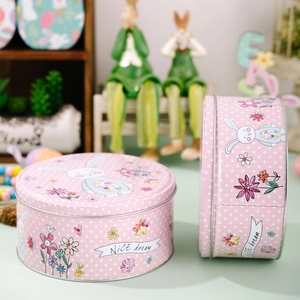 Boîte en métal lapin de Pâques rose à pois pour biscuits et emballage cadeau