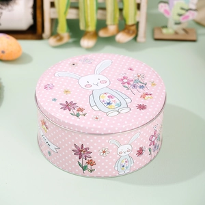 Boîte en fer rose de Pâques avec motifs de lapins mignons et pois décoratifs