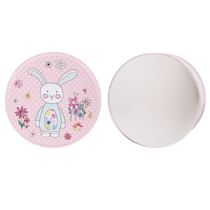 Boîte en fer blanc lapin de Pâques à pois roses montrant le couvercle et l'intérieur vide