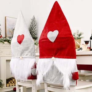 Christmas Gnome Chair Covers Red Gray Heart Forest Old Man Chair Back Covers Xmas Party Dining Room Home Decorations