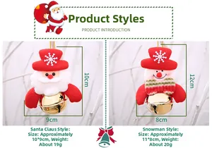 Detail of plush Santa and Snowman Christmas ornaments with golden metal bells for trees