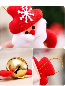 Detail of felt Santa Claus ornament with metallic gold bell and snowflake sequins