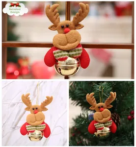 Detail of reindeer Christmas ornament with plush felt head and a large golden metal bell