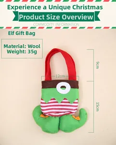 Detailed size chart for the felt Christmas elf candy gift bag with handle measurements