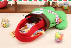 Close-up of elf pants candy bag filled with colorful sweets for Christmas decoration