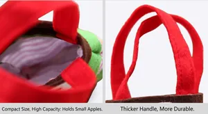Détail du sac cadeau de Noël en feutre rouge avec poignée épaisse et doublure rayée