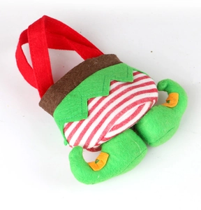 Detail of a Christmas elf gift bag with red and white stripes and green boots design