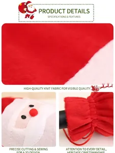 Detail of red Christmas wine bottle bag featuring Santa Claus face and drawstring closure