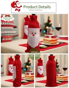 Detail view of red velvet Santa Claus wine bottle cover with 3D facial ornaments