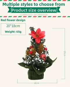 Detailed view of 20cm mini Christmas tree with red flowers and golden pine cones decoration
