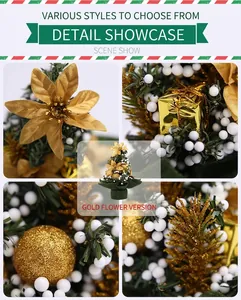 Detail view of 20cm mini Christmas tree with gold velvet flowers and gift ornaments