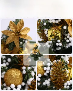 Detail view of 20cm mini Christmas tree with gold velvet flowers and gift ornaments
