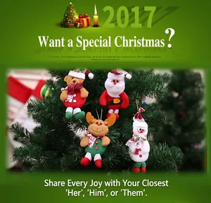 Detailed view of handmade plush Santa, Reindeer, and Snowman Christmas tree ornaments