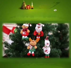 Detailed view of handmade plush Santa, Reindeer, and Snowman Christmas tree ornaments