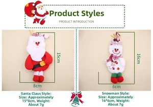 Detailed view of Santa and Snowman plush ornaments with size and weight dimensions