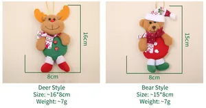 Detail of plush Christmas elk and bear tree ornaments with size and weight info