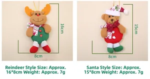 Detail of plush Christmas elk and bear tree ornaments with size and weight info