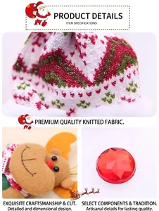 Detail of Christmas ornament featuring knitted fabric, reindeer felt, and red gemstone charm