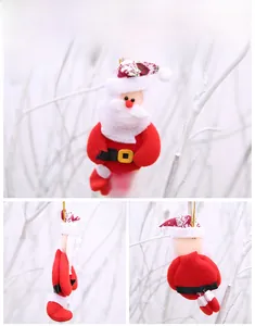 Detailed views of Santa Claus plush ornament with red snowflake hat and gold string