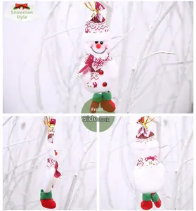 Front and back views of a plush snowman ornament with knitted hat and scarf decor