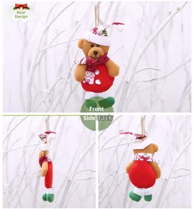 Three-sided view of plush Christmas bear ornament with festive hat and reindeer scarf
