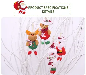 Detailed view of four plush Christmas ornaments hanging on white branches with gold strings