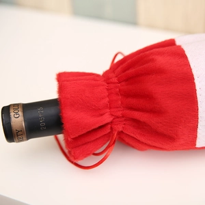 Christmas Santa red wine bottle bag with soft plush faux fur and silk drawstring