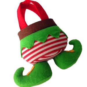 Christmas elf candy bag with red white stripes and green curled shoes gift carrier