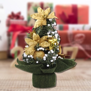 Mini 20cm green Christmas tree with gold silk flowers, white berries, and felt base