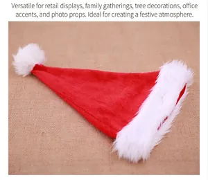 Close-up of plush red Santa hat with thick white faux fur brim and fluffy pompom