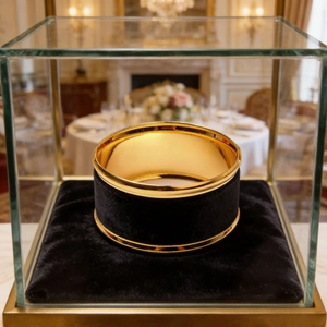 Luxurious gold metal napkin ring with black velvet inlay for modern table decoration