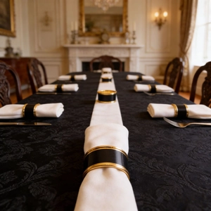 Modern black napkin ring with gold edges, elegant metal table holder for luxury dining