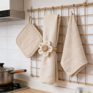 Handcrafted raffia sunflower napkin ring and linen kitchen set on a rustic mesh hanger