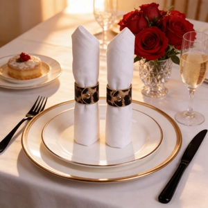 Leopard print leather napkin rings with gold clasp set on a romantic dinner table