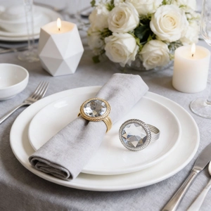 Elegant gold and silver woven napkin rings with large round crystal for wedding tables