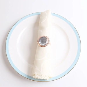 Close-up of a rose gold napkin ring with a large faceted crystal on a lace napkin