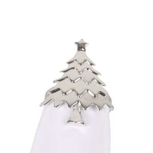 Silver Christmas tree napkin ring with star top on white napkin for table decor