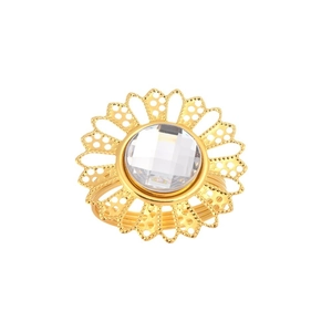 Golden sunflower ring with large crystal stone and openwork petal design on white background