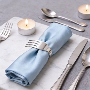 Creative silver fork napkin ring with light blue satin napkin on white marble