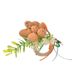 Easter napkin ring with speckled eggs, wooden loop, ribbons and spring greenery decor