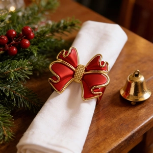 Ronds De Serviette Nœud De Noël Alliage Métallique Émail Rouge Plaqué Or Pour Décoration De Table De Dîner De Fête